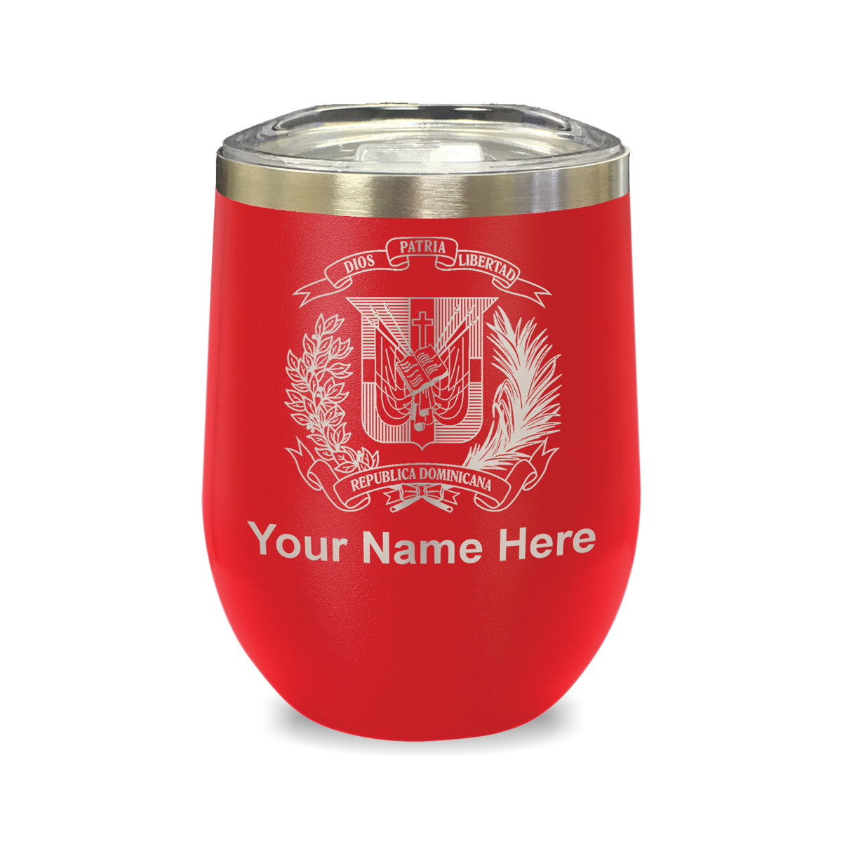LaserGram Double Wall Stainless Steel Wine Glass, Coat of Arms Dominican Republic, Personalized Engraving Included