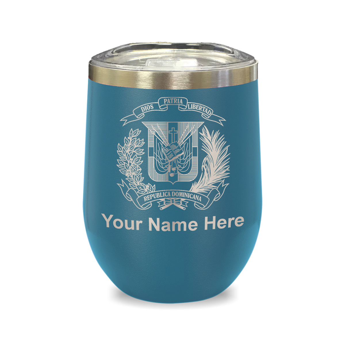 LaserGram Double Wall Stainless Steel Wine Glass, Coat of Arms Dominican Republic, Personalized Engraving Included