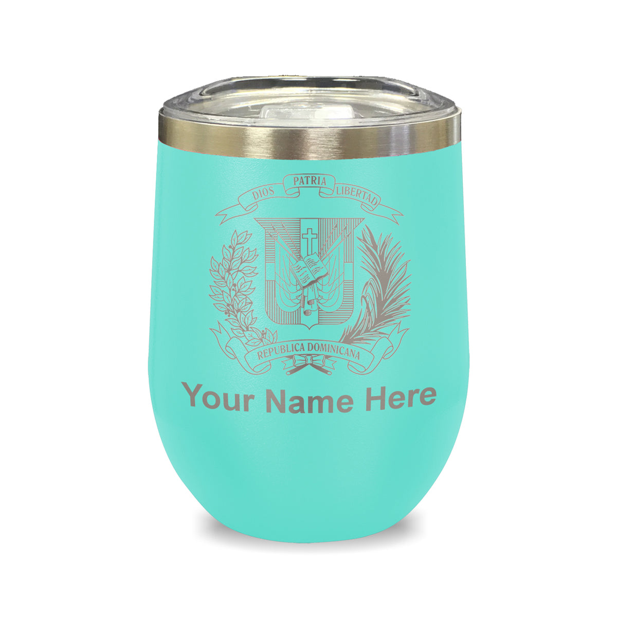 LaserGram Double Wall Stainless Steel Wine Glass, Coat of Arms Dominican Republic, Personalized Engraving Included