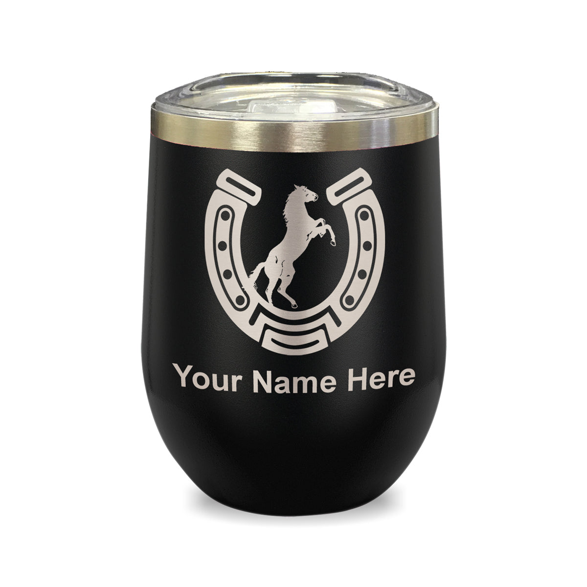 LaserGram Double Wall Stainless Steel Wine Glass, Horseshoe with Horse, Personalized Engraving Included