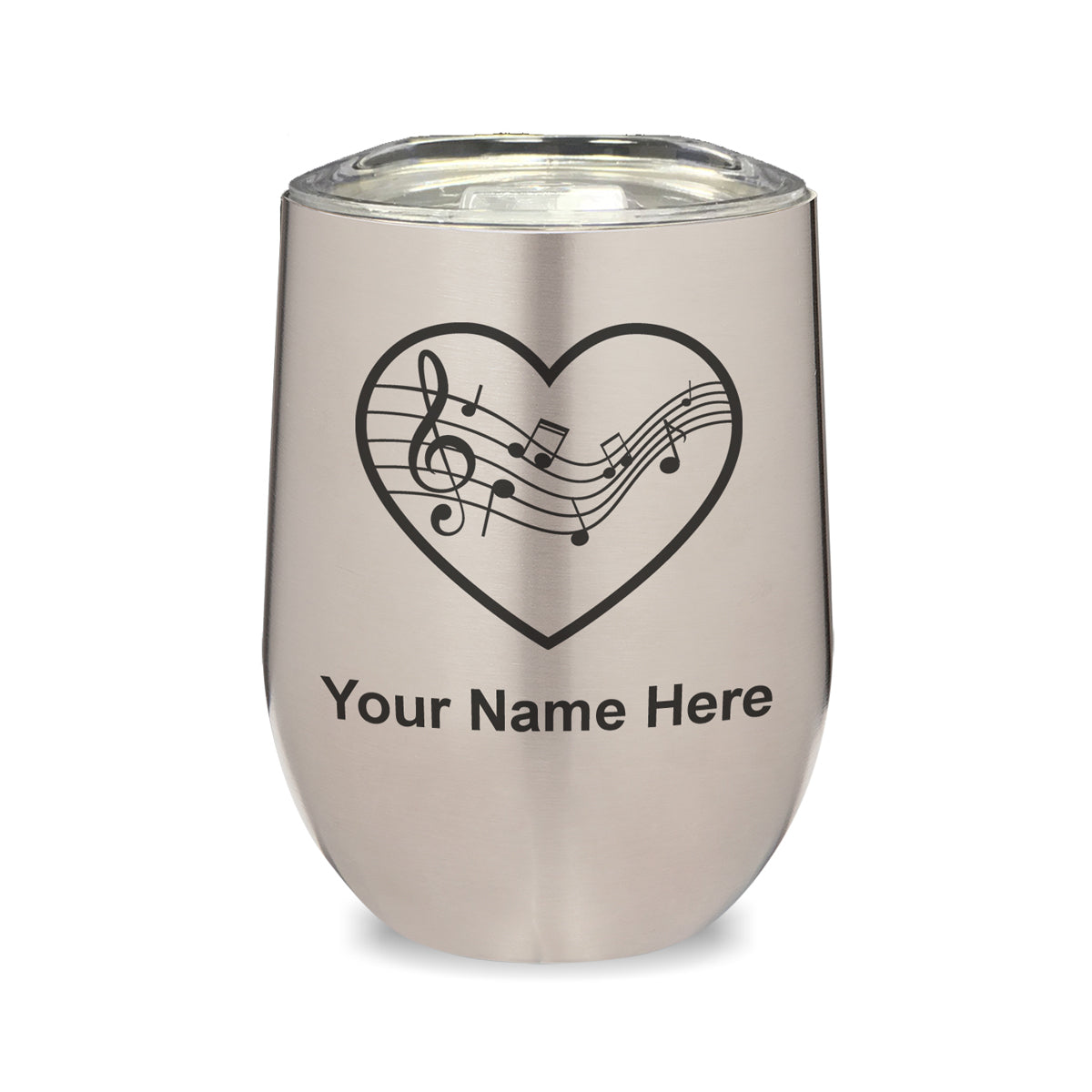 LaserGram Double Wall Stainless Steel Wine Glass, Music Staff Heart, Personalized Engraving Included