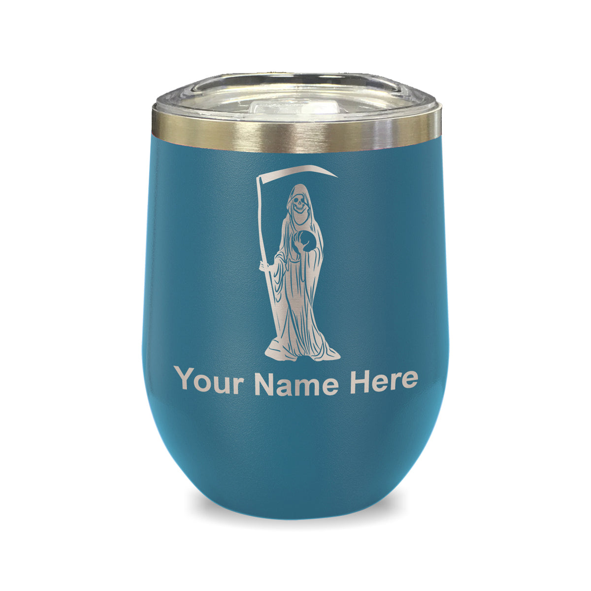 LaserGram Double Wall Stainless Steel Wine Glass, Santa Muerte, Personalized Engraving Included