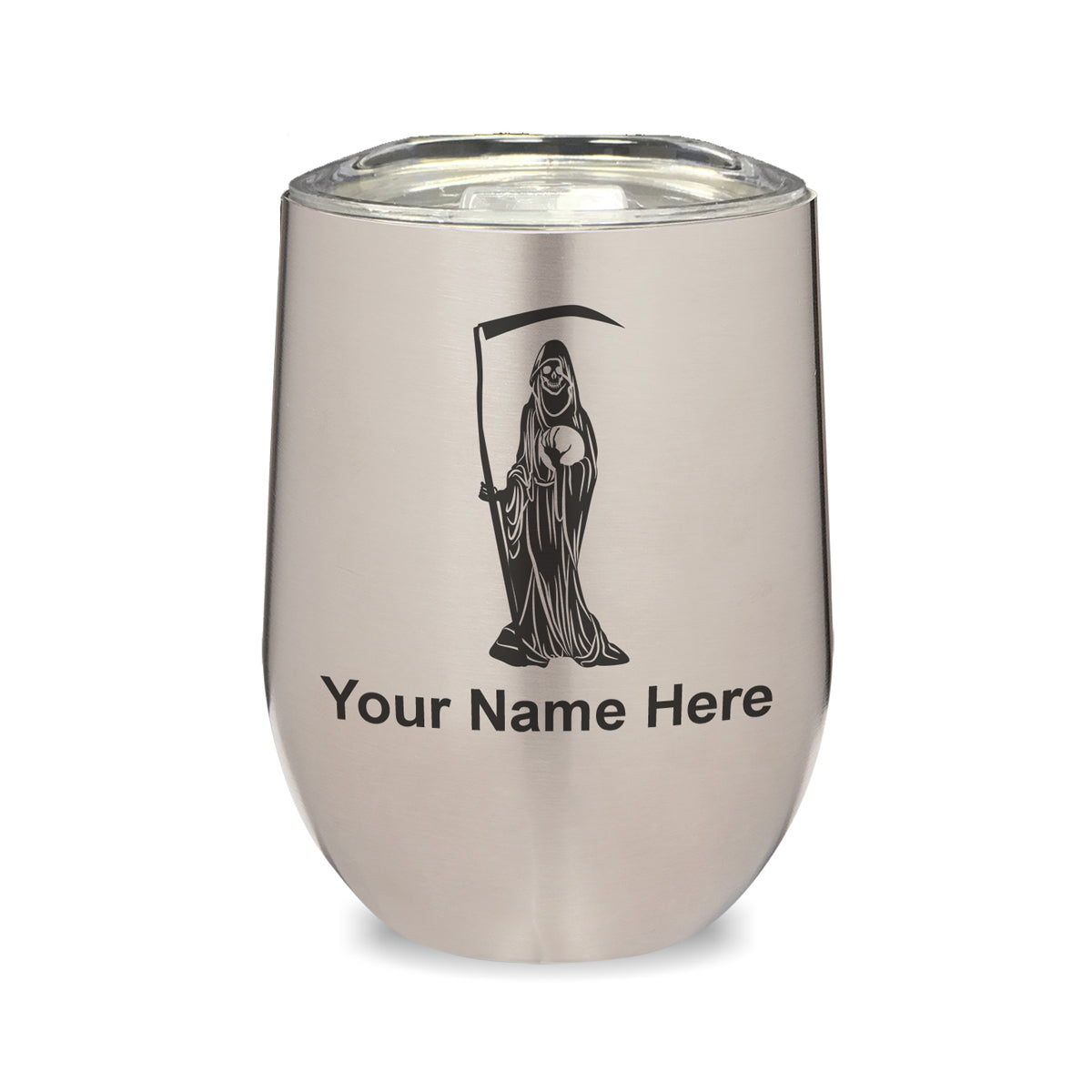 LaserGram Double Wall Stainless Steel Wine Glass, Santa Muerte, Personalized Engraving Included