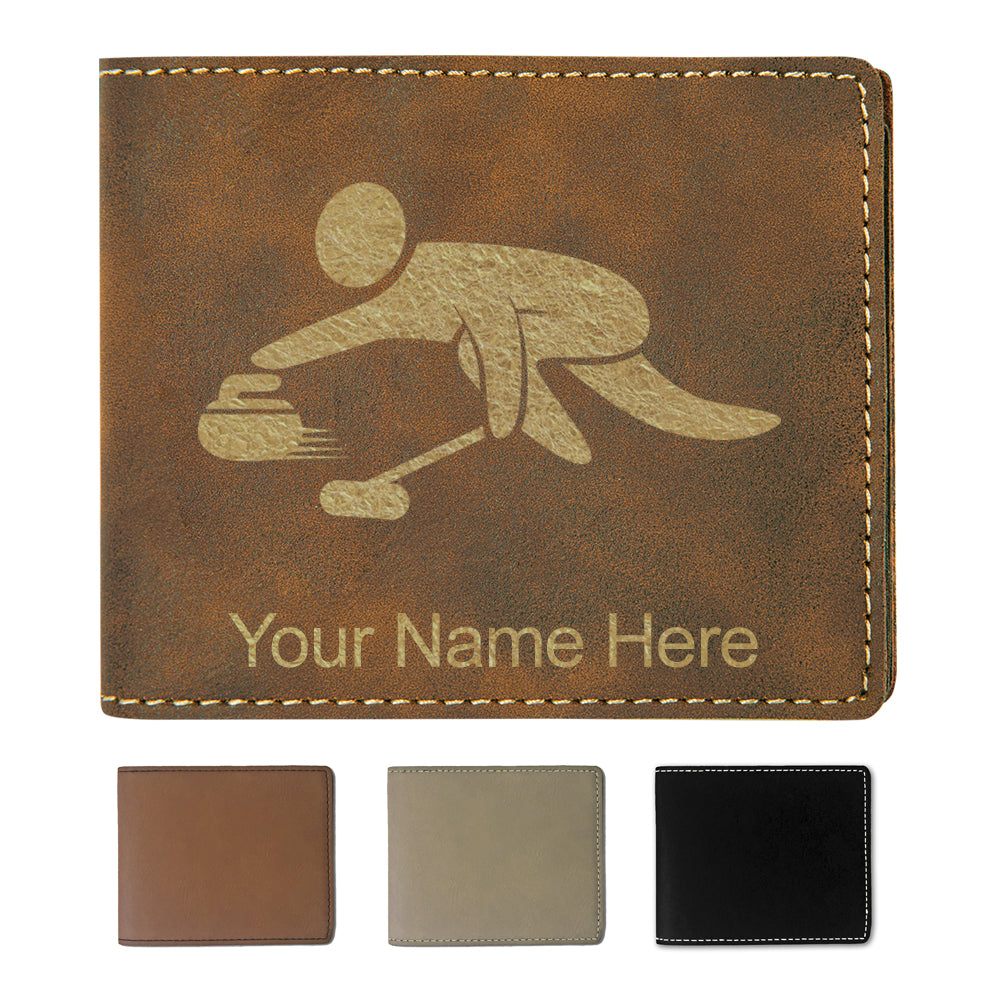 Faux Leather Bi-Fold Wallet, Curling Figure, Personalized Engraving Included