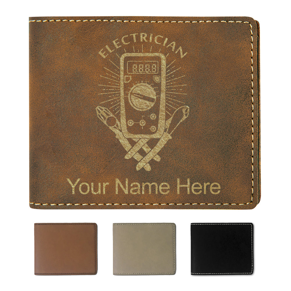 Faux Leather Bi-Fold Wallet, Electrician, Personalized Engraving Included