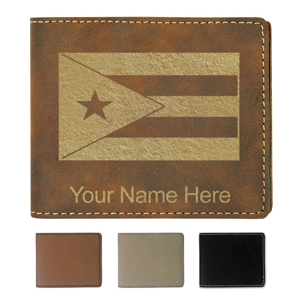 Faux Leather Bi-Fold Wallet, Flag of Puerto Rico, Personalized Engraving Included