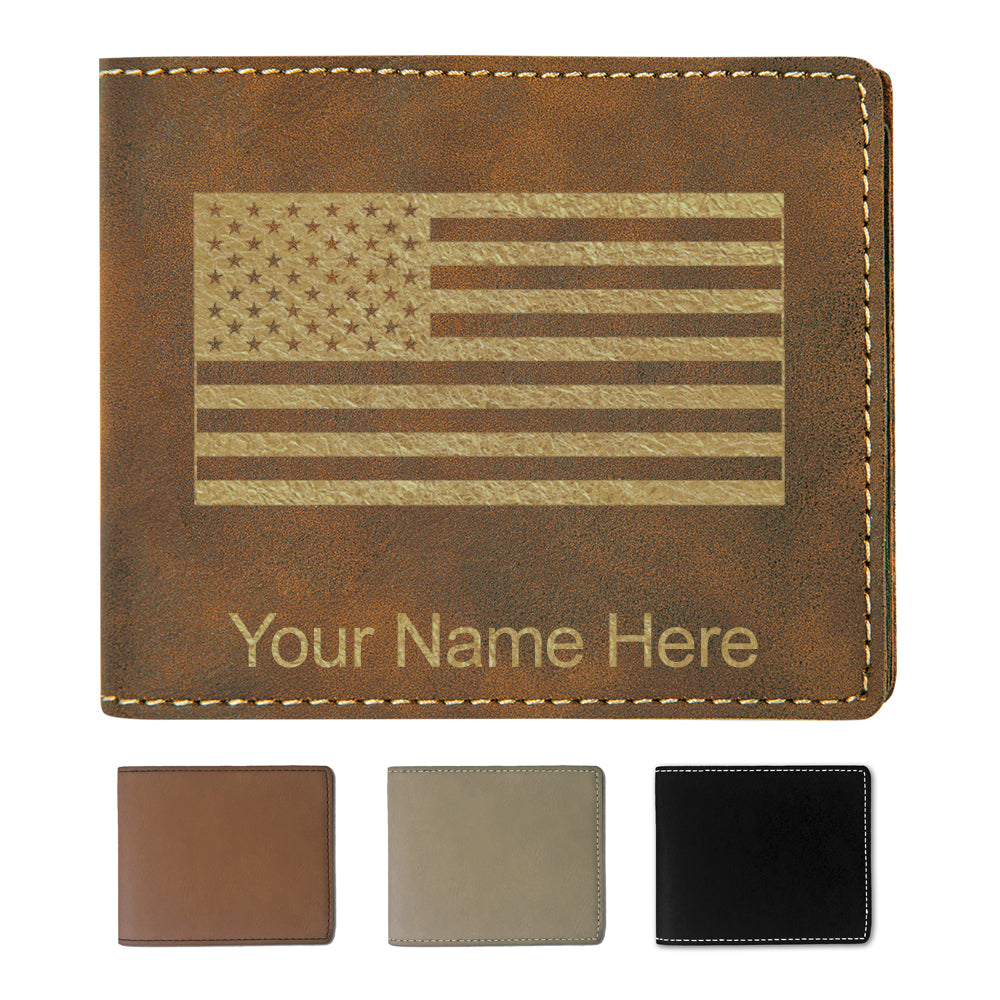 Faux Leather Bi-Fold Wallet, Flag of the United States, Personalized Engraving Included