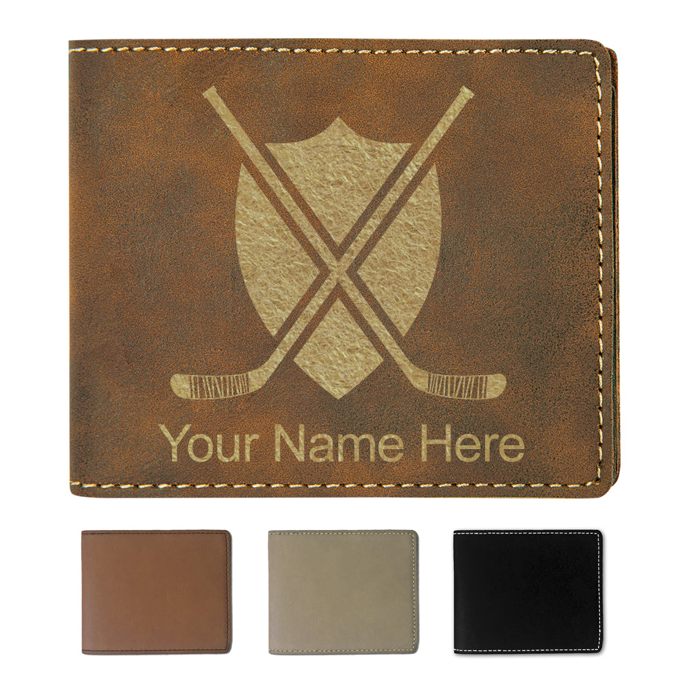 Faux Leather Bi-Fold Wallet, Hockey Sticks, Personalized Engraving Included