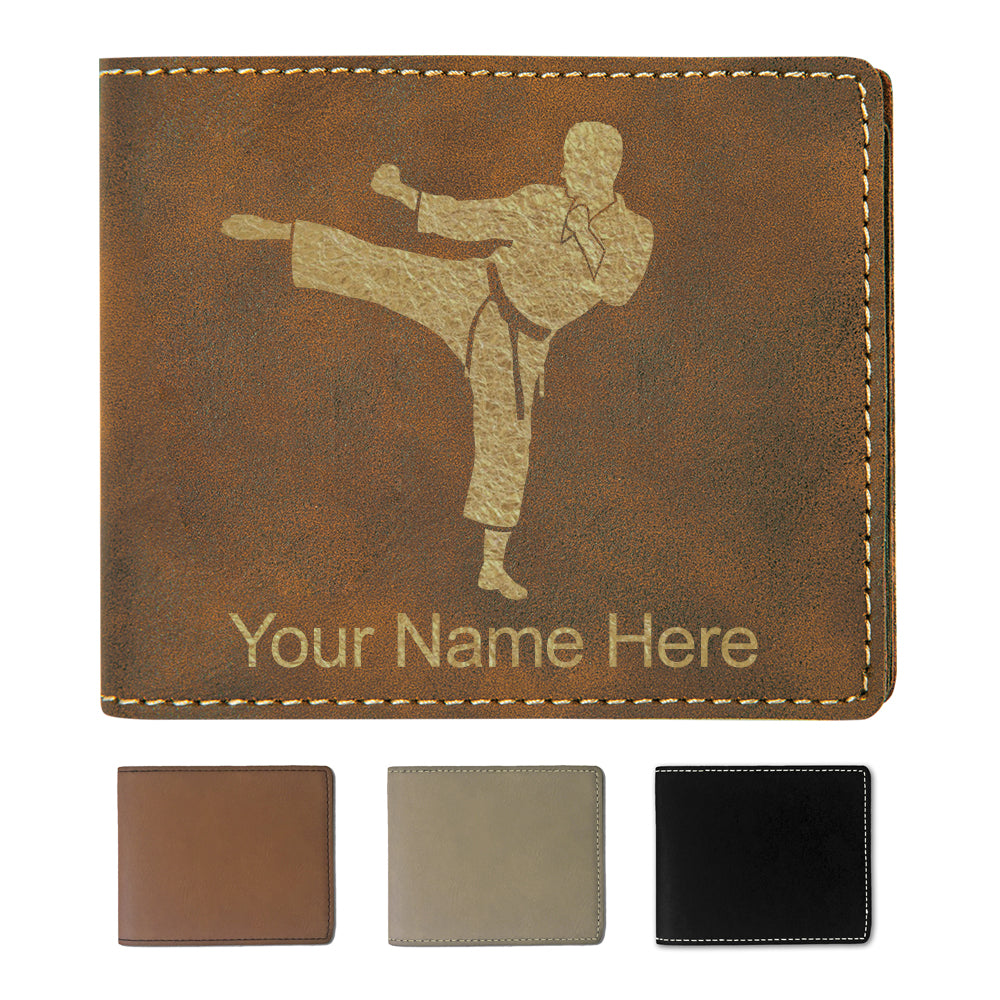 Faux Leather Bi-Fold Wallet, Karate Man, Personalized Engraving Included