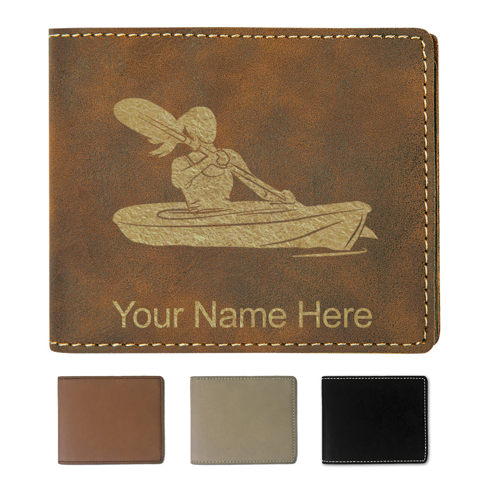 Faux Leather Bi-Fold Wallet, Kayak Woman, Personalized Engraving Included