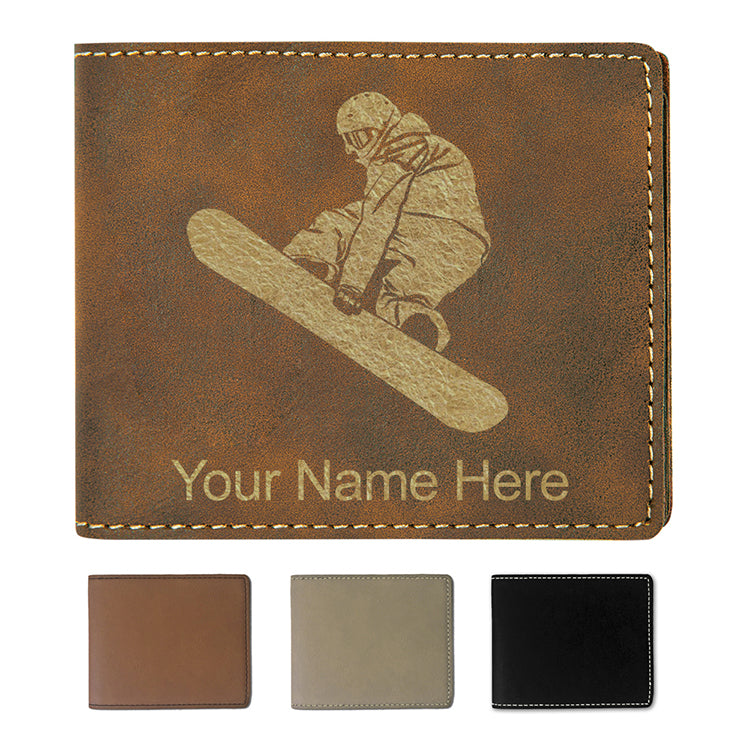 Faux Leather Bi-Fold Wallet, Snowboarder Man, Personalized Engraving Included