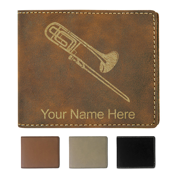 Faux Leather Bi-Fold Wallet, Trombone, Personalized Engraving Included