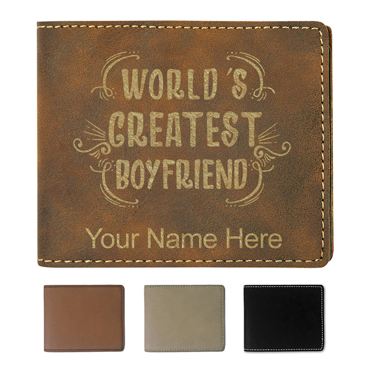 Faux Leather Bi-Fold Wallet, World's Greatest Boyfriend, Personalized Engraving Included