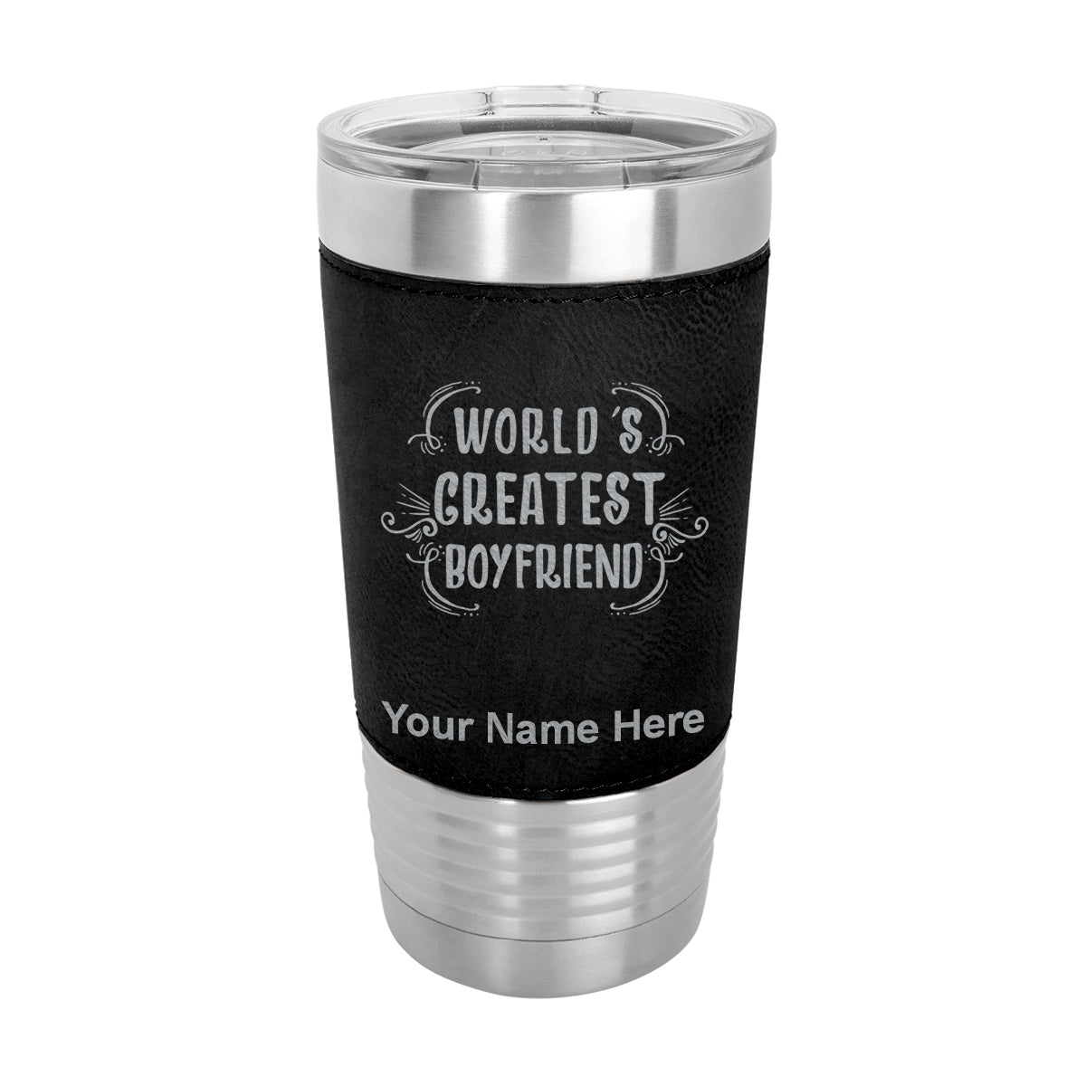 20oz Faux Leather Tumbler Mug, World's Greatest Boyfriend, Personalized Engraving Included