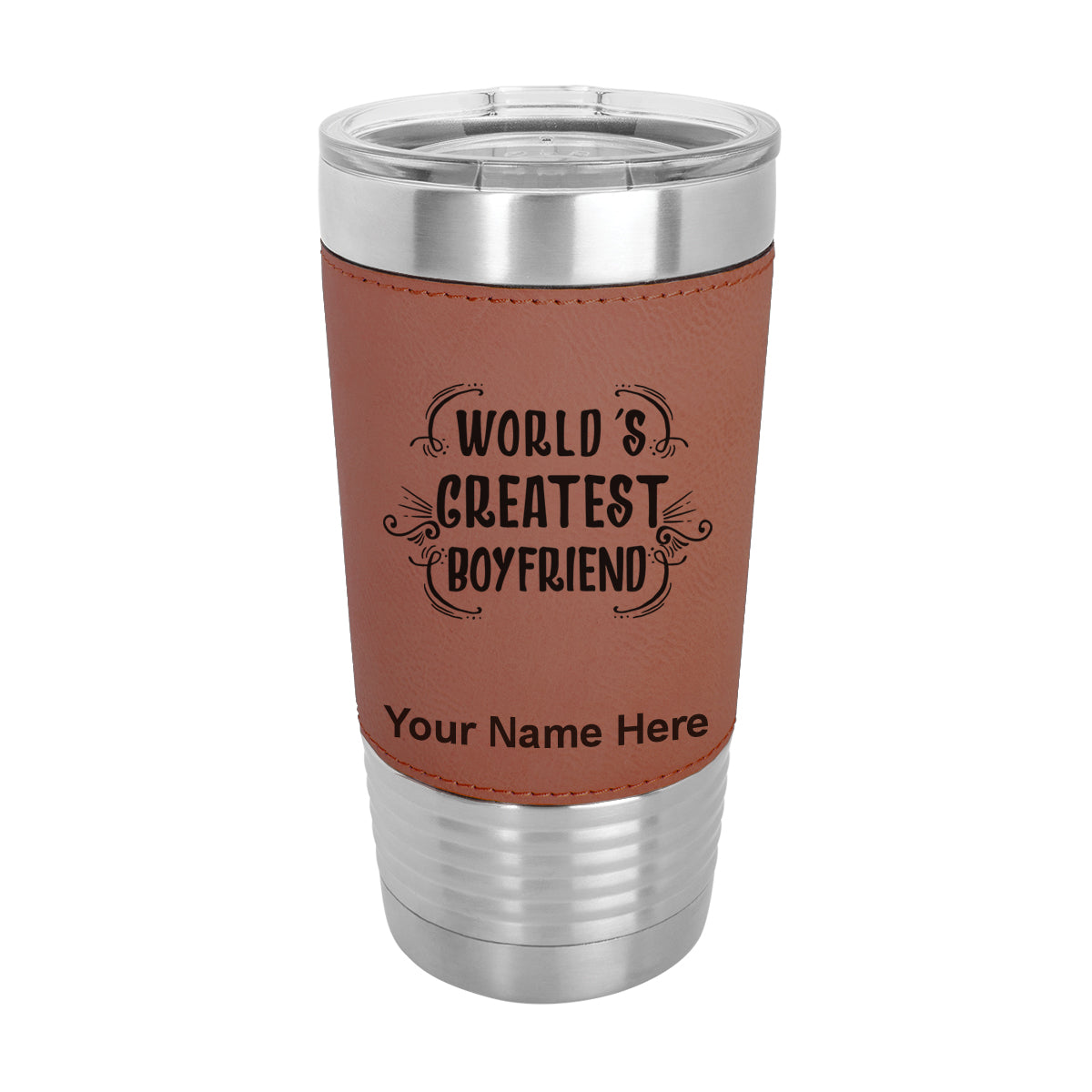20oz Faux Leather Tumbler Mug, World's Greatest Boyfriend, Personalized Engraving Included