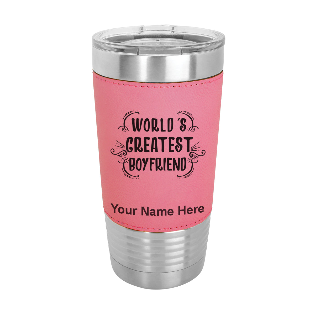 20oz Faux Leather Tumbler Mug, World's Greatest Boyfriend, Personalized Engraving Included