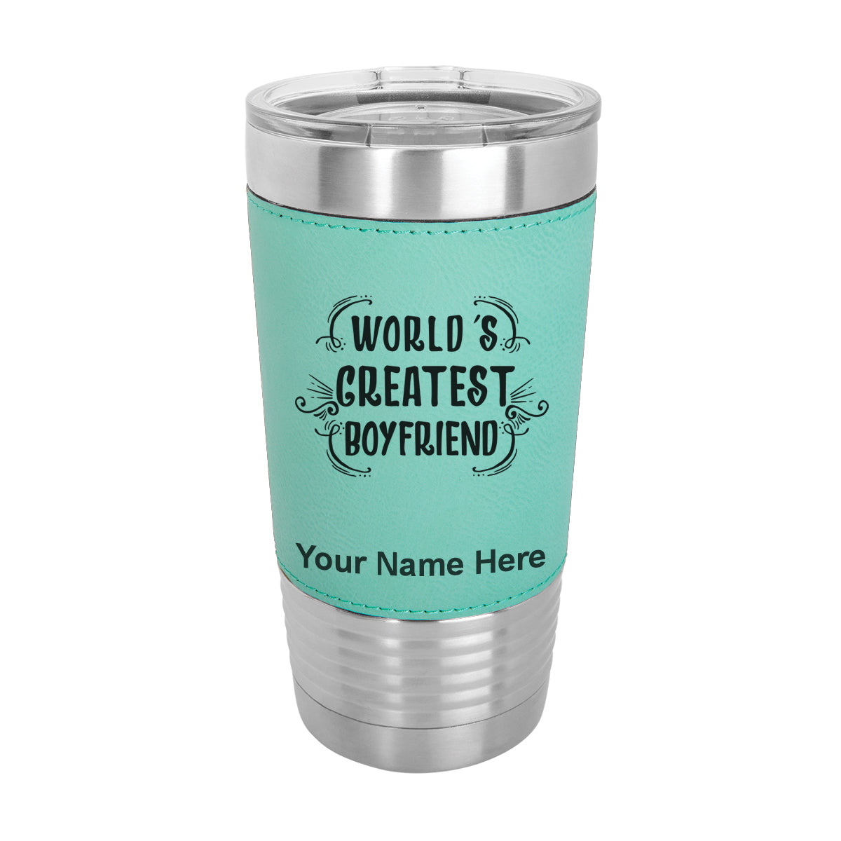 20oz Faux Leather Tumbler Mug, World's Greatest Boyfriend, Personalized Engraving Included