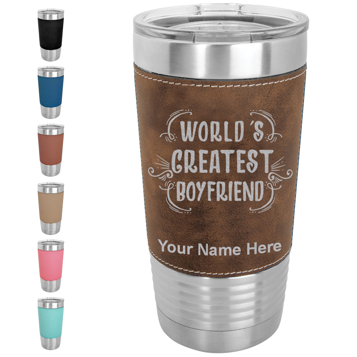 20oz Faux Leather Tumbler Mug, World's Greatest Boyfriend, Personalized Engraving Included