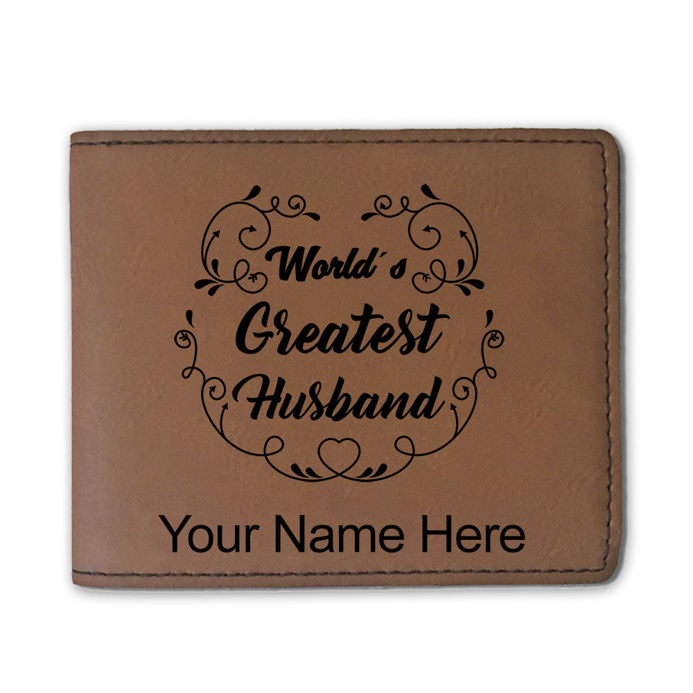 Faux Leather Bi-Fold Wallet, World's Greatest Husband, Personalized Engraving Included