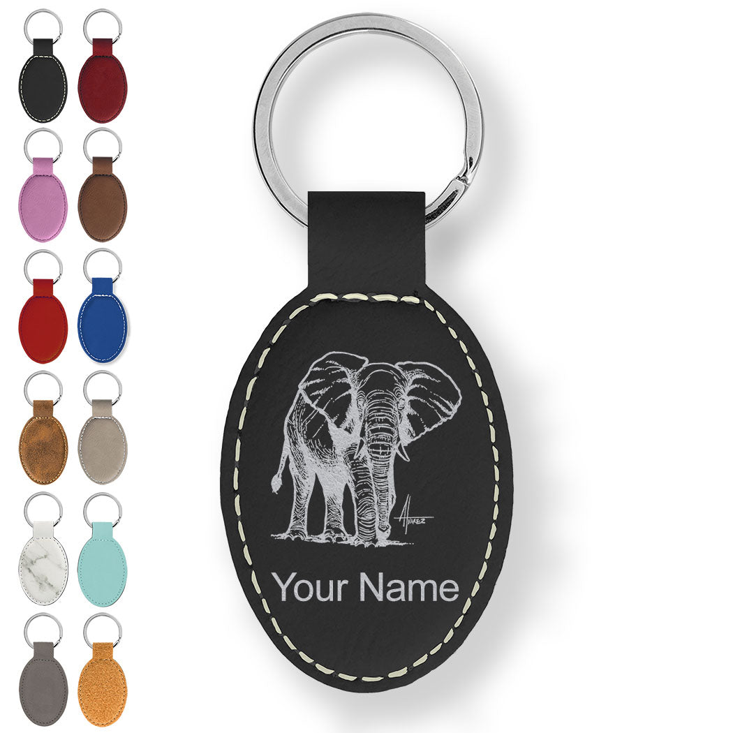 Faux Leather Oval Keychain, African Elephant, Personalized Engraving Included