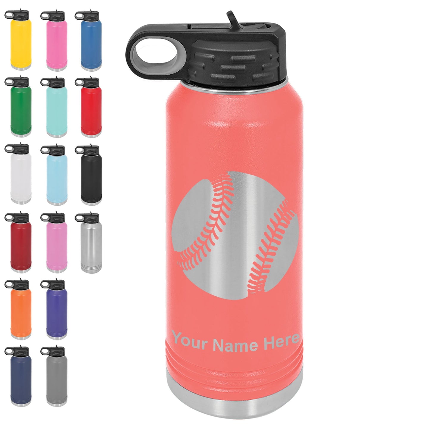 40oz Double Wall Flip Top Water Bottle with Straw, Baseball Ball, Personalized Engraving Included