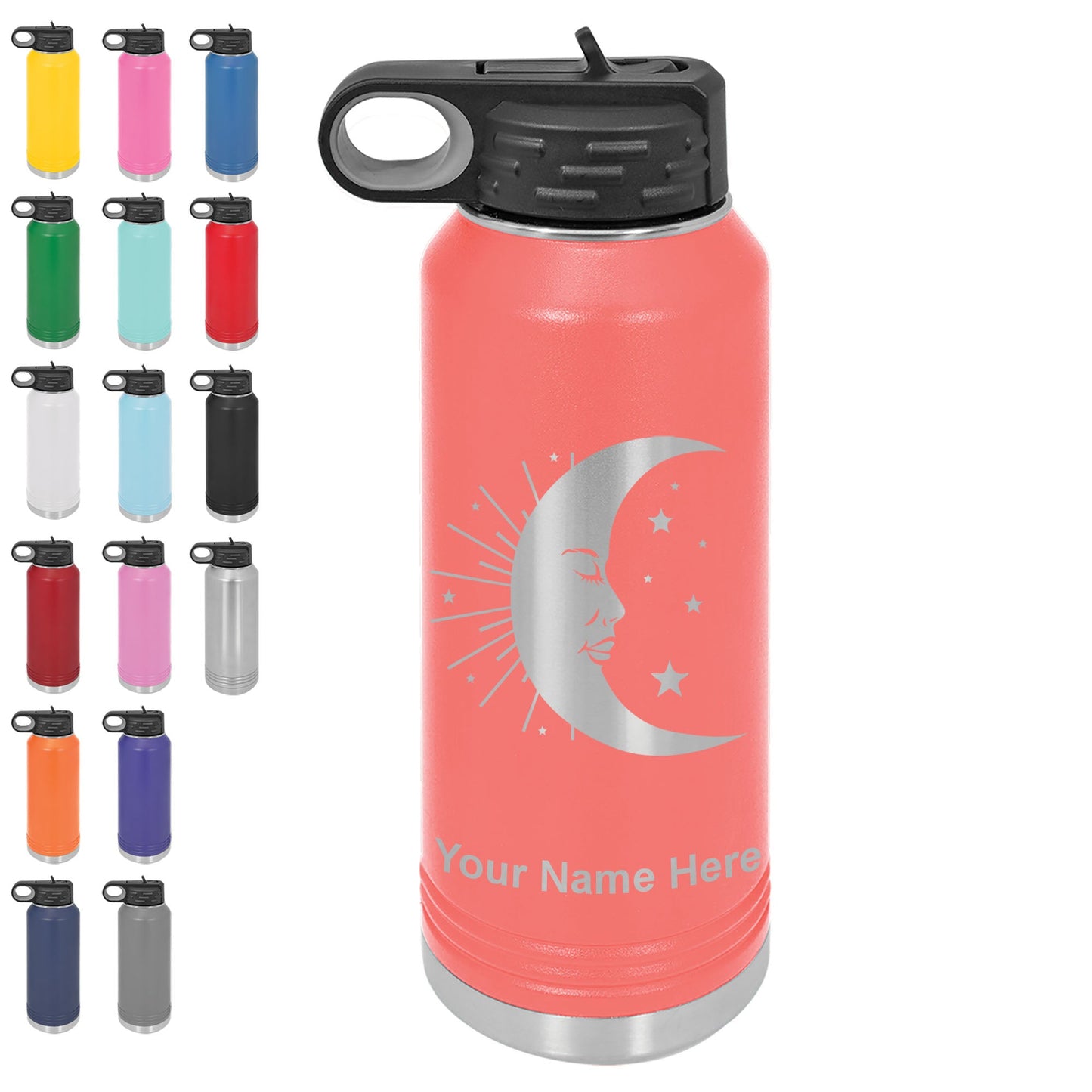 40oz Double Wall Flip Top Water Bottle with Straw, Moon, Personalized Engraving Included