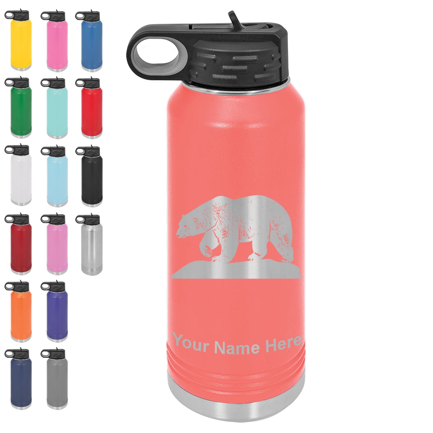 40oz Double Wall Flip Top Water Bottle with Straw, Polar Bear, Personalized Engraving Included