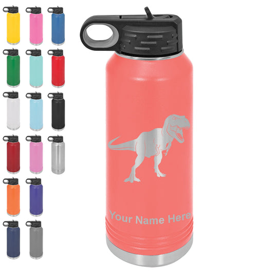 40oz Double Wall Flip Top Water Bottle with Straw, Tyrannosaurus Rex Dinosaur, Personalized Engraving Included