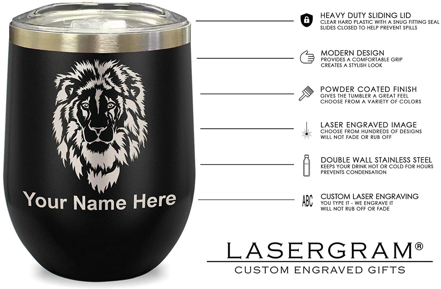 LaserGram Double Wall Stainless Steel Wine Glass, Diva, Personalized Engraving Included