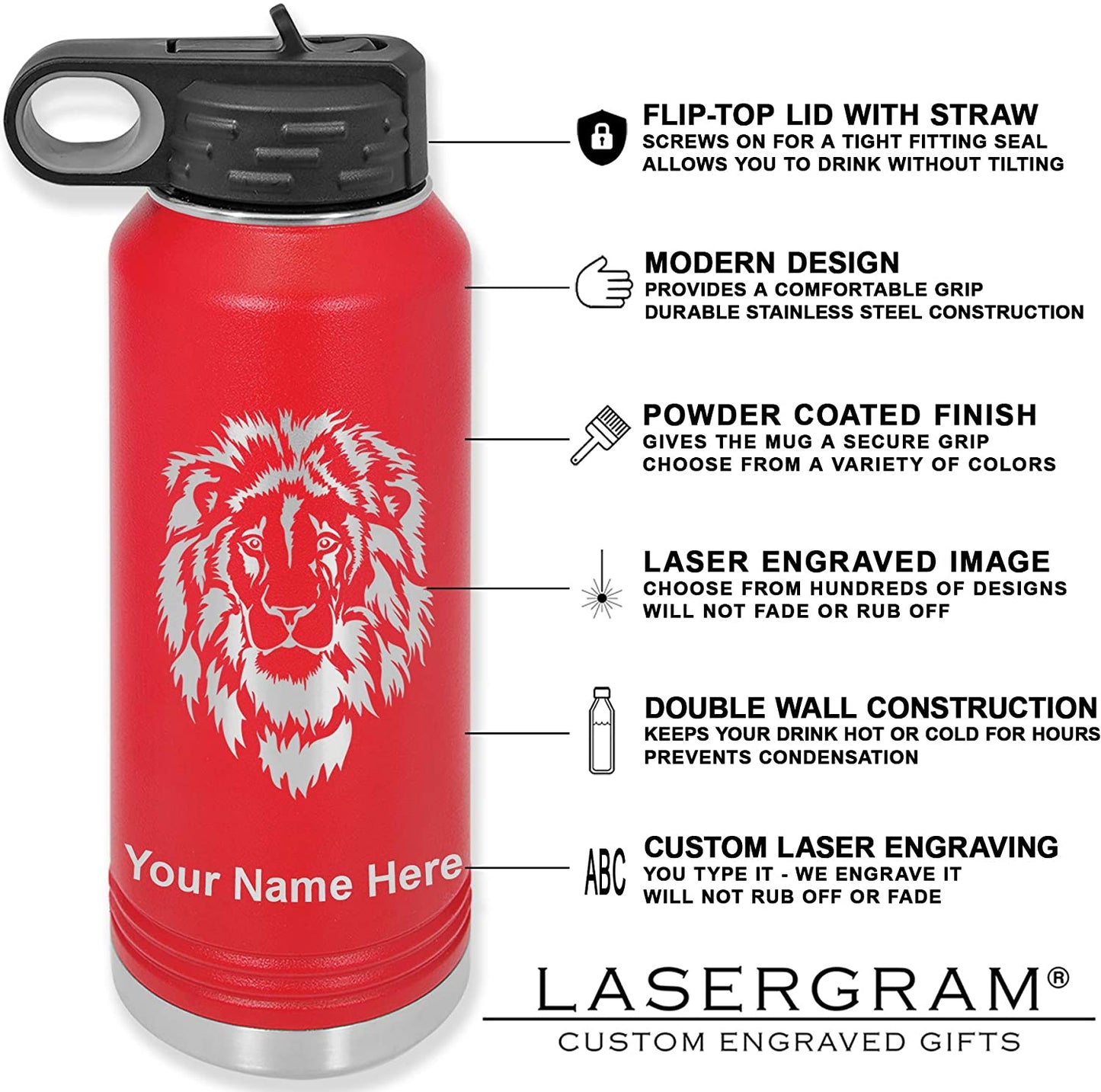 LaserGram 32oz Double Wall Flip Top Water Bottle with Straw, Bull Rider Cowboy, Personalized Engraving Included
