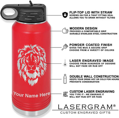 LaserGram 32oz Double Wall Flip Top Water Bottle with Straw, Stegosaurus Dinosaur, Personalized Engraving Included