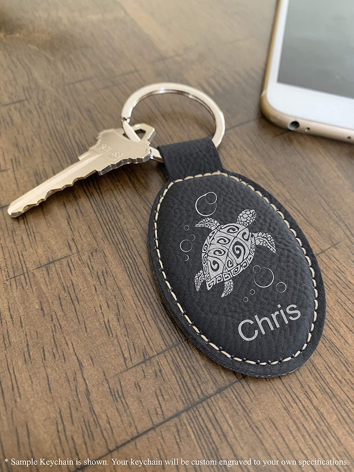 Faux Leather Oval Keychain, Santa Muerte, Personalized Engraving Included