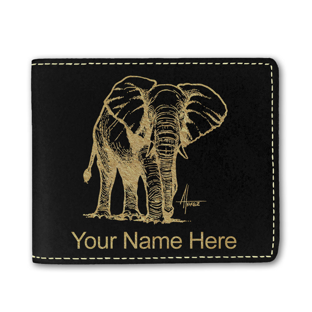 Faux Leather Bi-Fold Wallet, African Elephant, Personalized Engraving Included