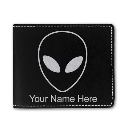 Faux Leather Bi-Fold Wallet, Alien Head, Personalized Engraving Included