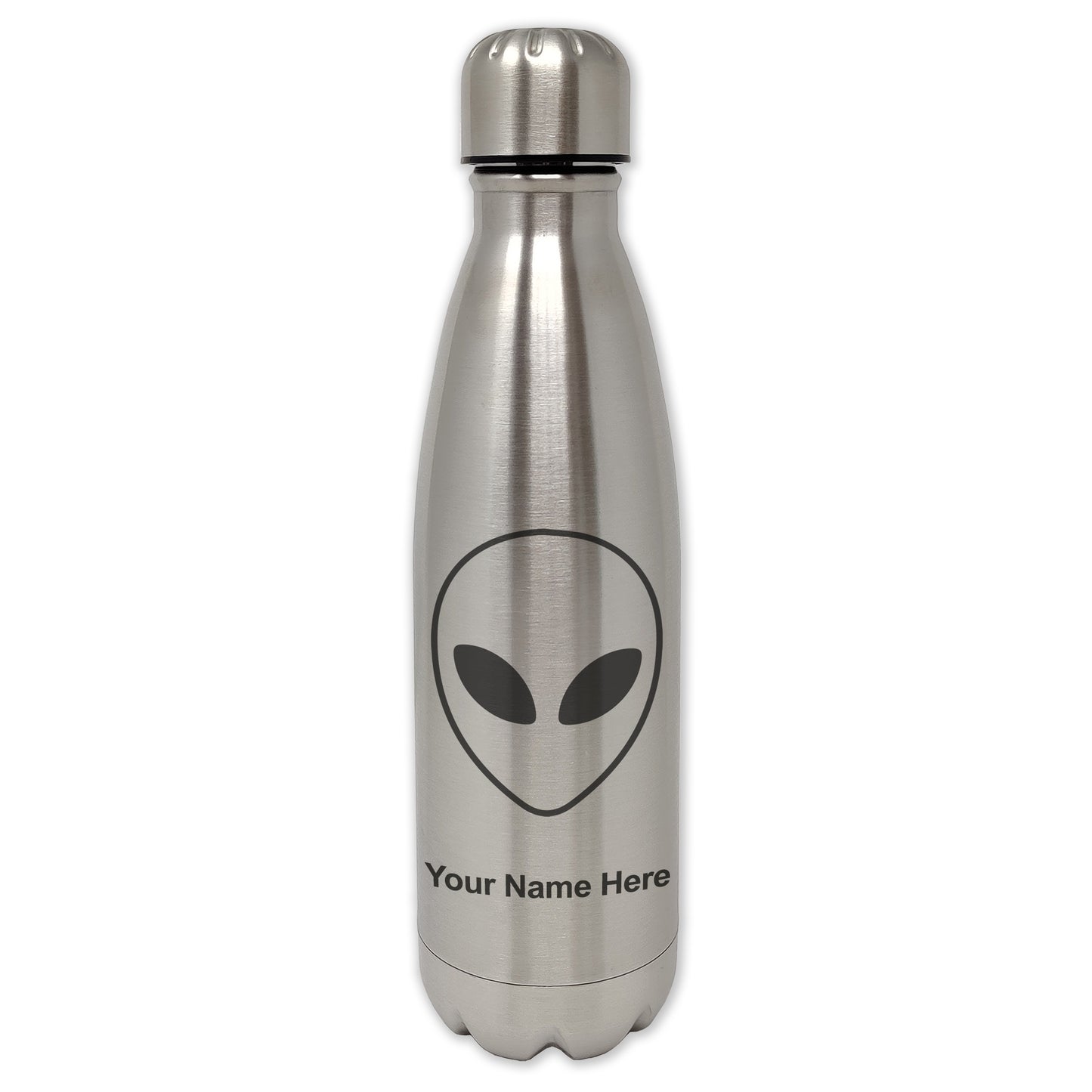 LaserGram Single Wall Water Bottle, Alien Head, Personalized Engraving Included