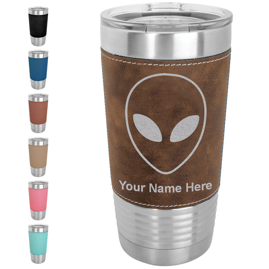 20oz Faux Leather Tumbler Mug, Alien Head, Personalized Engraving Included - LaserGram Custom Engraved Gifts