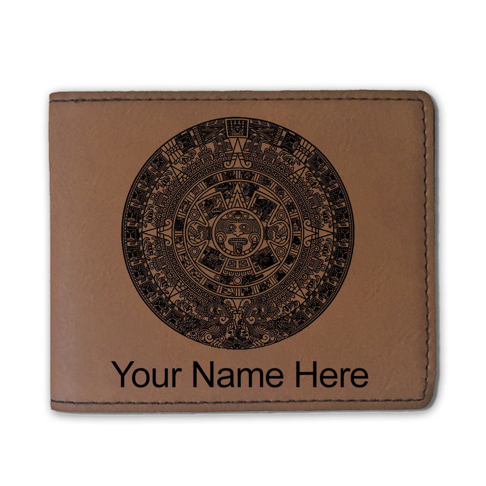 Faux Leather Bi-Fold Wallet, Aztec Calendar, Personalized Engraving Included