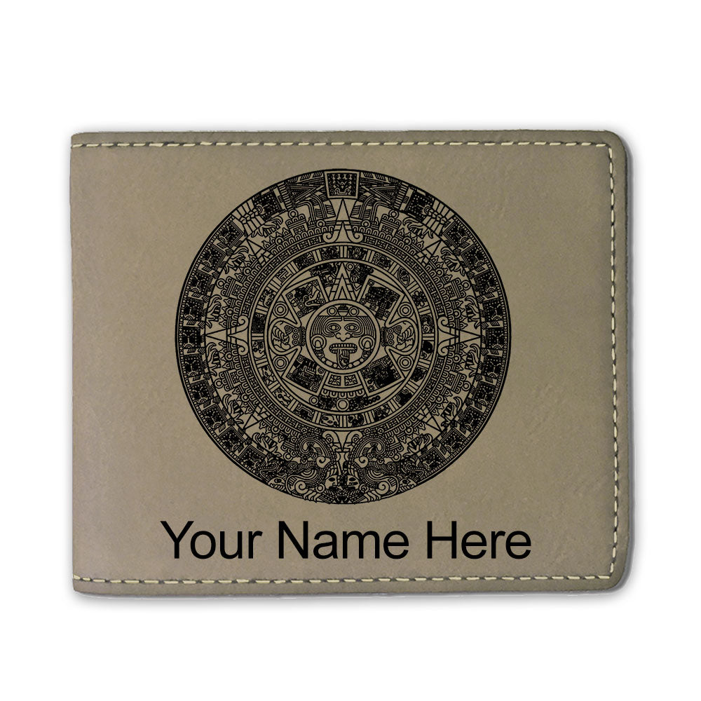 Faux Leather Bi-Fold Wallet, Aztec Calendar, Personalized Engraving Included