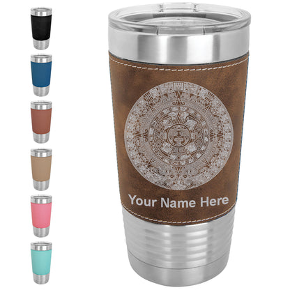 20oz Faux Leather Tumbler Mug, Aztec Calendar, Personalized Engraving Included - LaserGram Custom Engraved Gifts