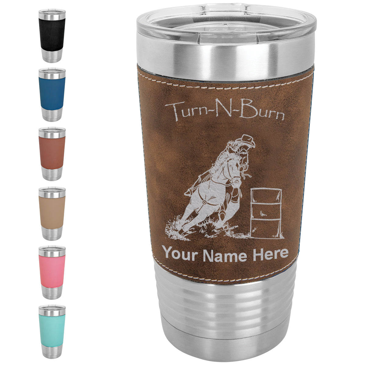 20oz Faux Leather Tumbler Mug, Barrel Racer Turn N Burn, Personalized Engraving Included - LaserGram Custom Engraved Gifts