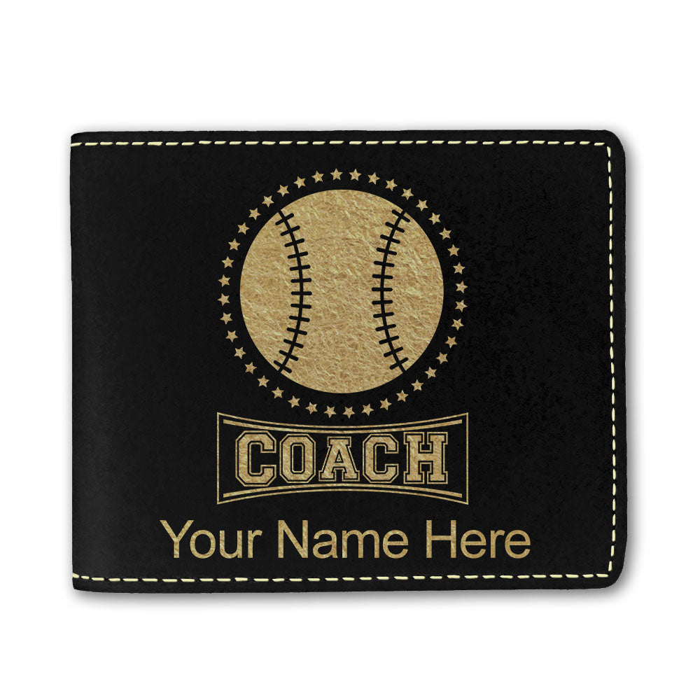 Faux Leather Bi-Fold Wallet, Baseball Coach, Personalized Engraving Included