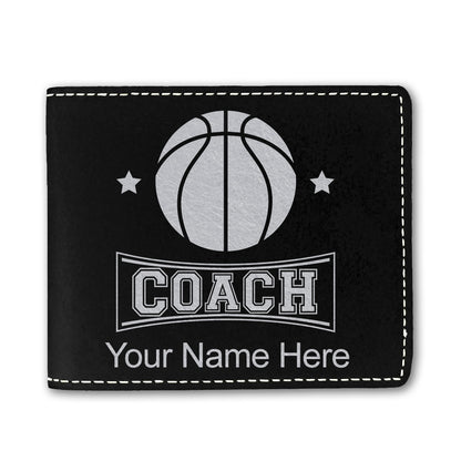 Faux Leather Bi-Fold Wallet, Basketball Coach, Personalized Engraving Included
