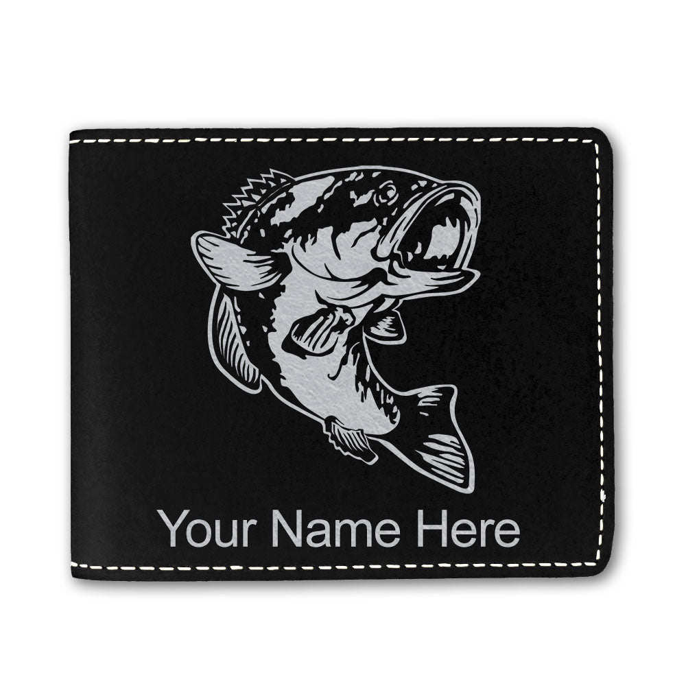 Faux Leather Bi-Fold Wallet, Bass Fish, Personalized Engraving Included