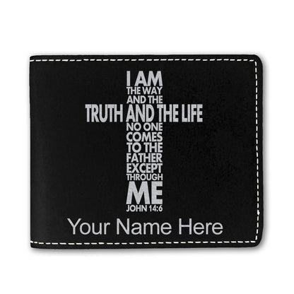 Faux Leather Bi-Fold Wallet, Bible Verse John 14-6, Personalized Engraving Included