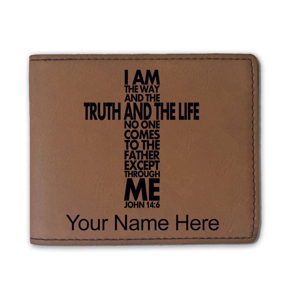 Faux Leather Bi-Fold Wallet, Bible Verse John 14-6, Personalized Engraving Included