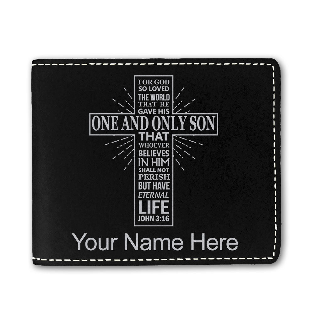 Faux Leather Bi-Fold Wallet, Bible Verse John 3-16, Personalized Engraving Included
