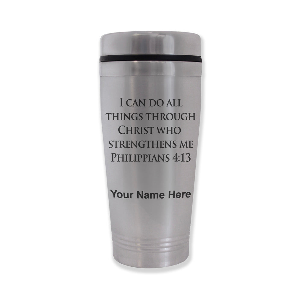 Commuter Travel Mug, Bible Verse Philippians 4-13, Personalized Engraving Included