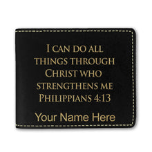 Load image into Gallery viewer, Faux Leather Bi-Fold Wallet, Bible Verse Philippians 4-13, Personalized Engraving Included
