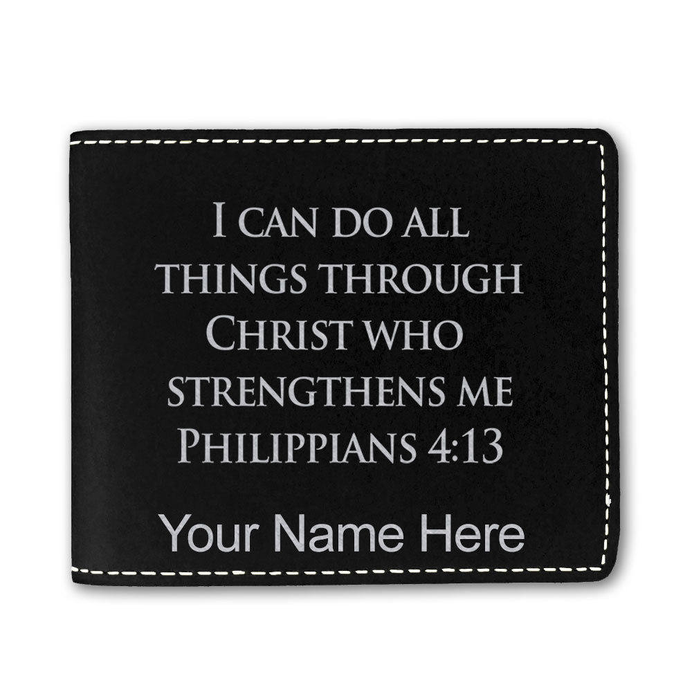 Faux Leather Bi-Fold Wallet, Bible Verse Philippians 4-13, Personalized Engraving Included