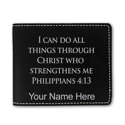 Faux Leather Bi-Fold Wallet, Bible Verse Philippians 4-13, Personalized Engraving Included